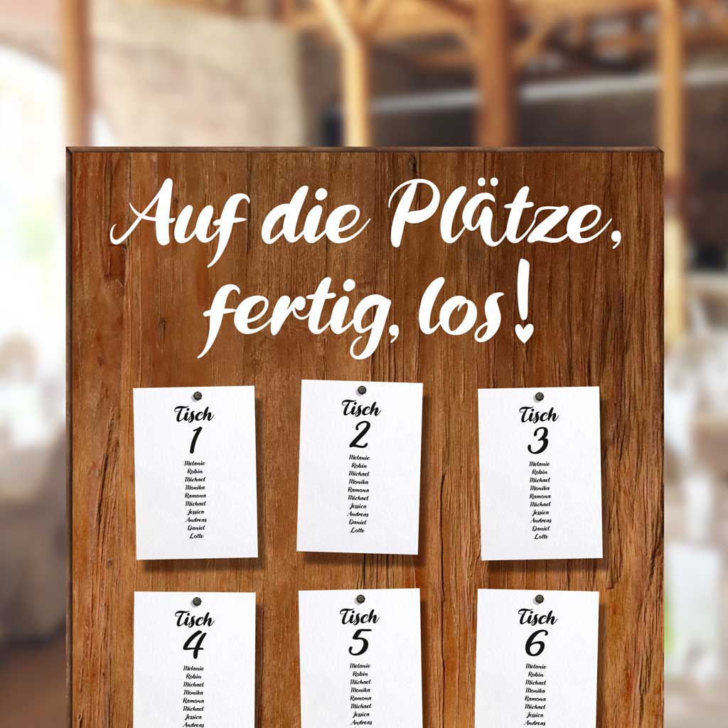 aufkleber mit Text "auf die plaetze fertig los" für tisch- und sitzpläne für die hochzeitsfeier