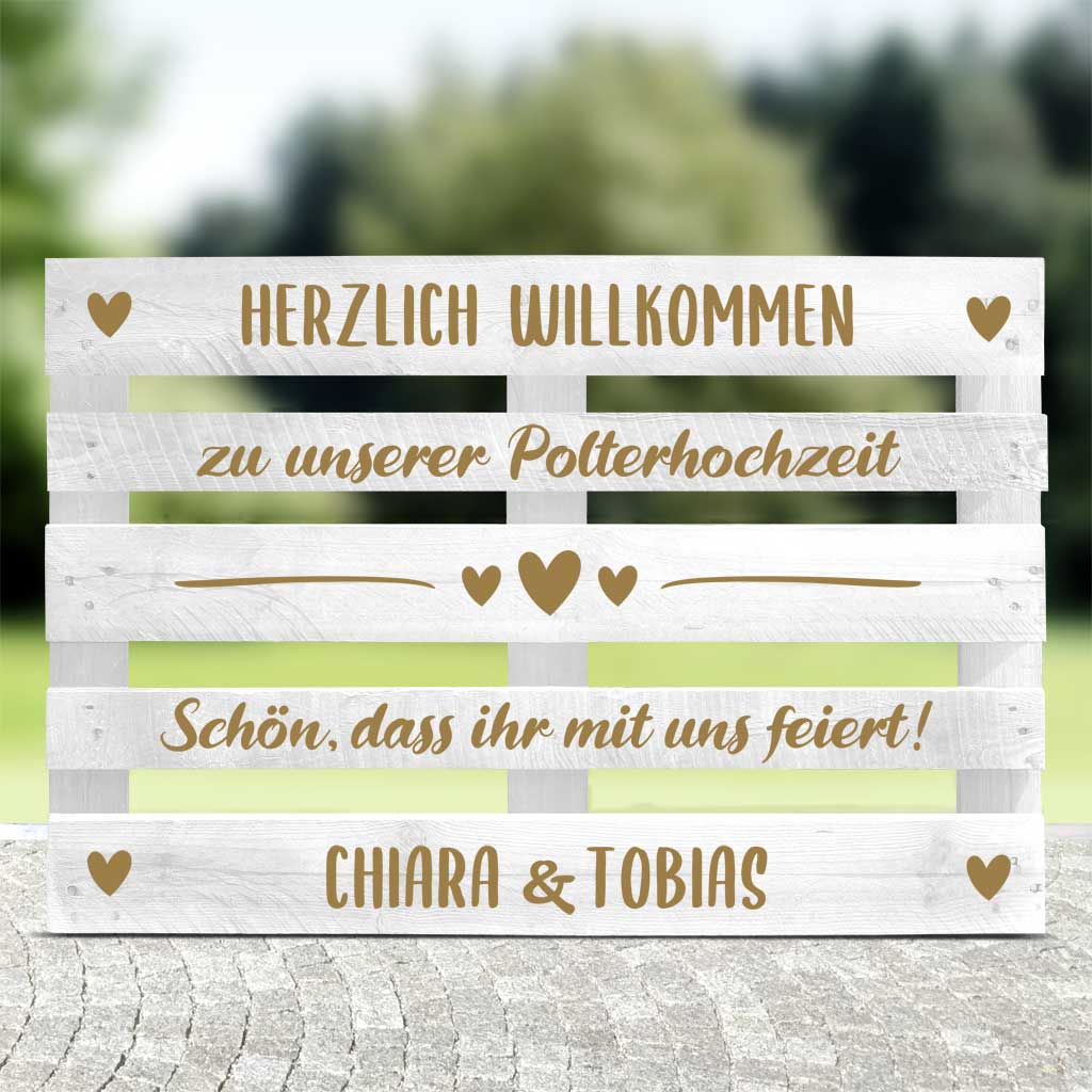 weisse Palette mit goldener Schrift für Hochzeitspaare mit Text - Polterhochzeit