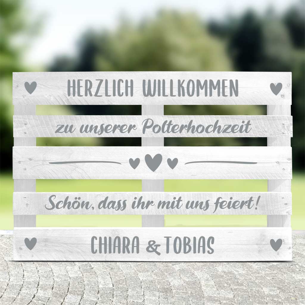 weisse Palette mit silberner Schrift für Hochzeitspaare mit Text - Polterhochzeit