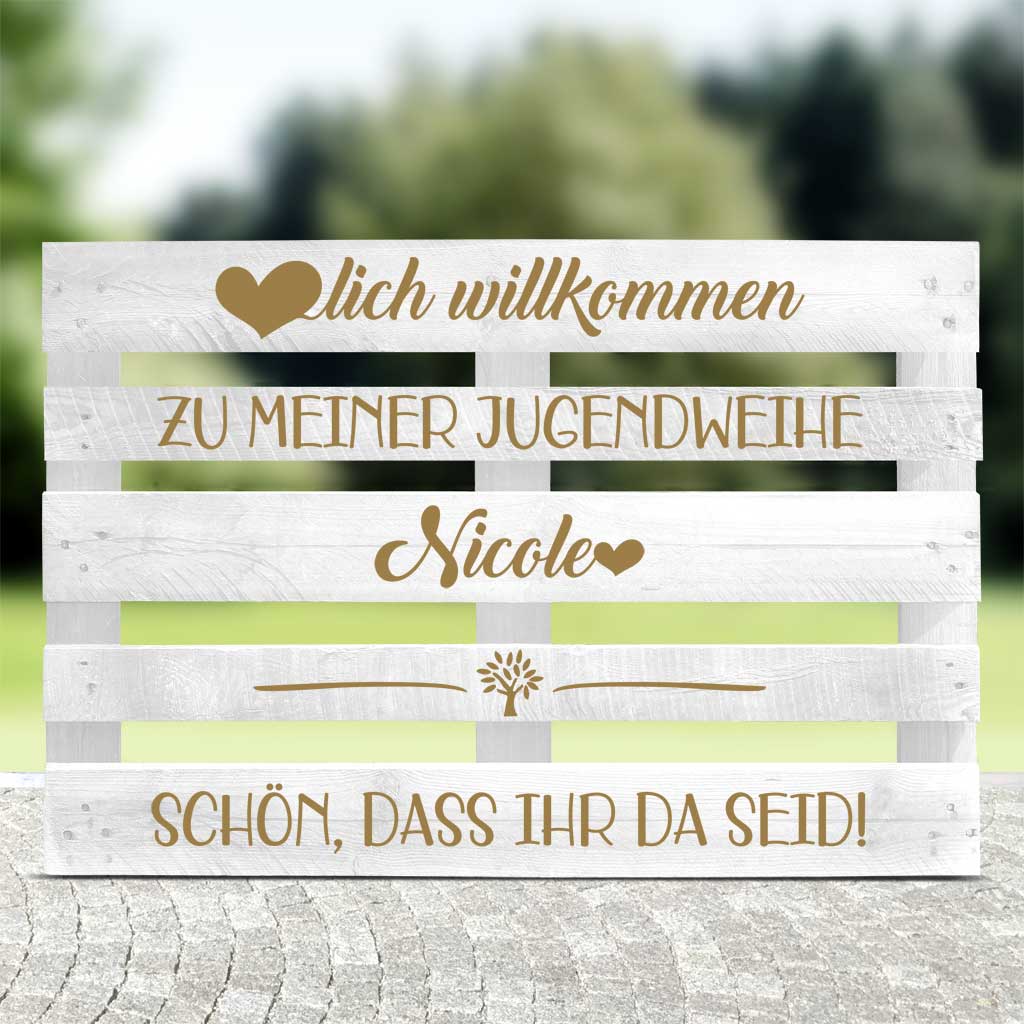 weisse Palette mit goldener Schrift für die Jugendweihe