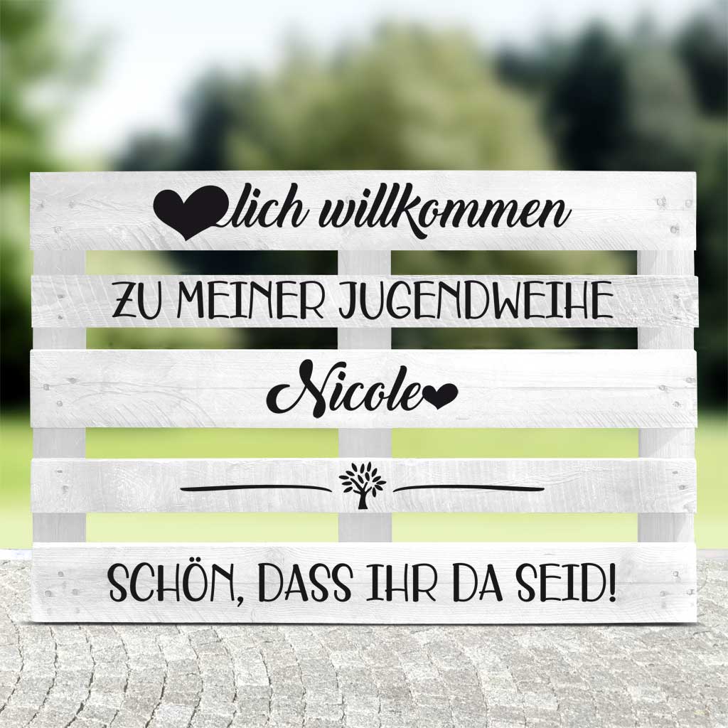 weisse Palette mit schwarzer Schrift für die Jugendweihe