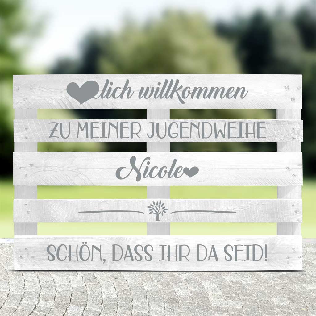 weisse Palette mit silberner Schrift für die Jugendweihe