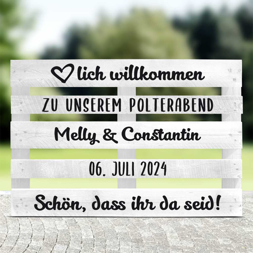weiße Palette mit schwarzer schrift für den Polterabend