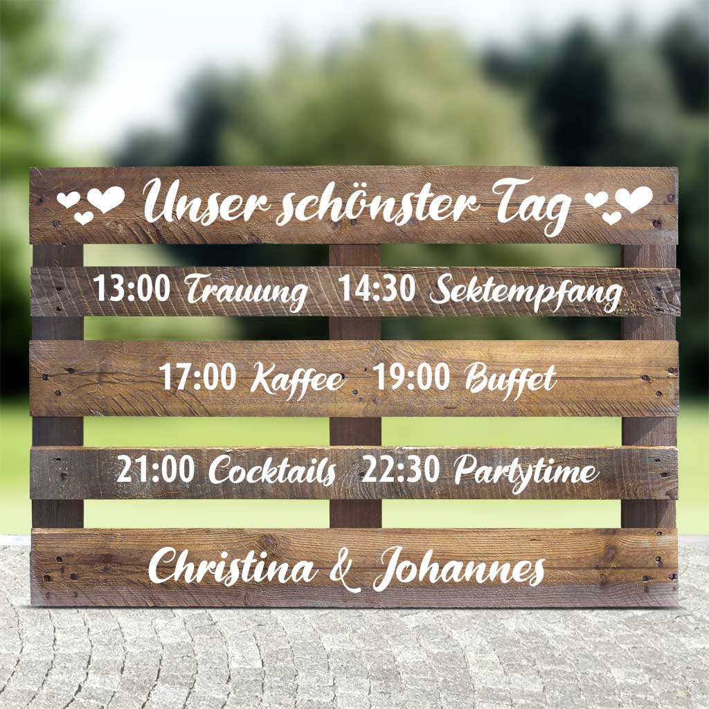 braube Palette mit weisser Schrift für den Hochzeitsablauf