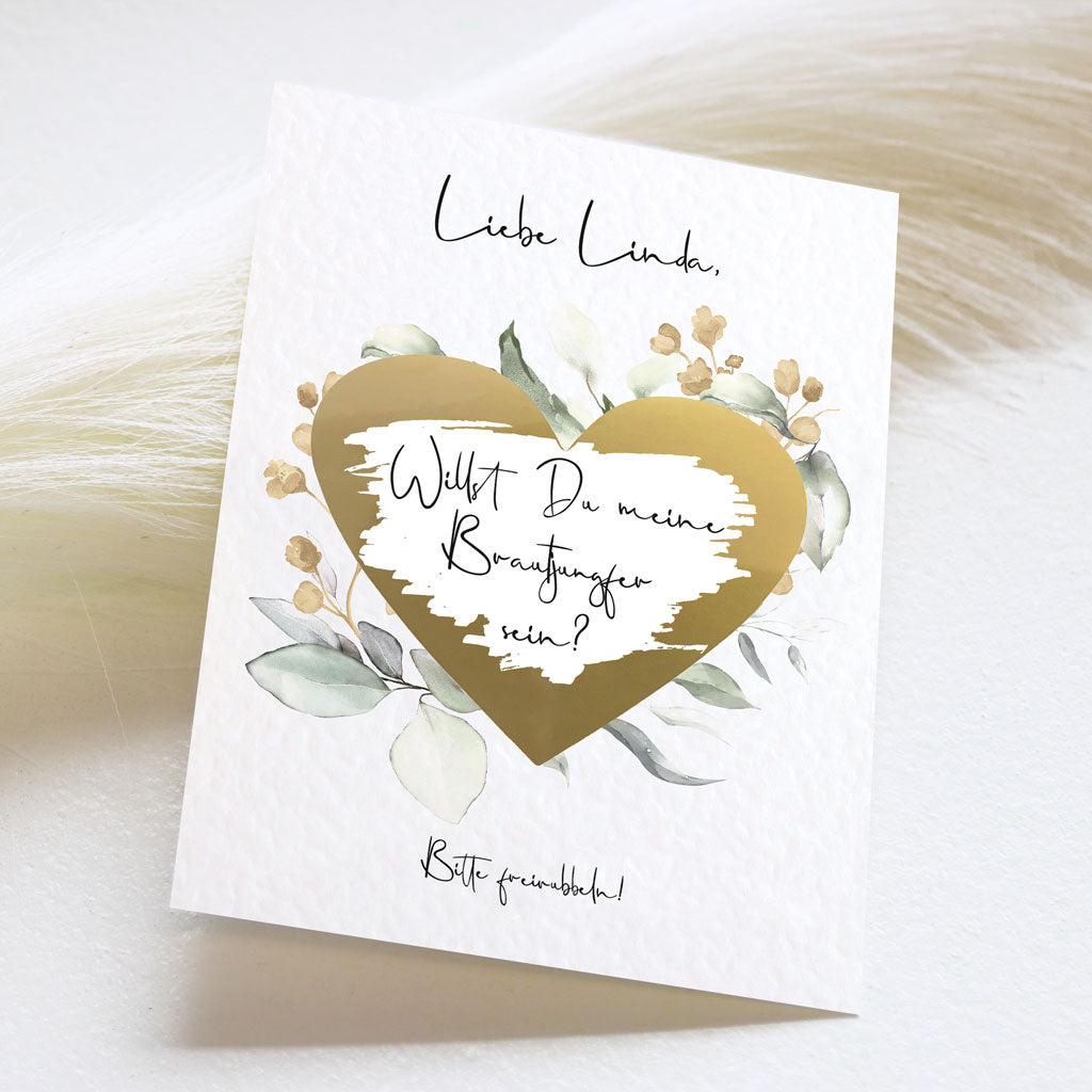 Karte "Brautjungfer" - Gold mit Rubbelherz