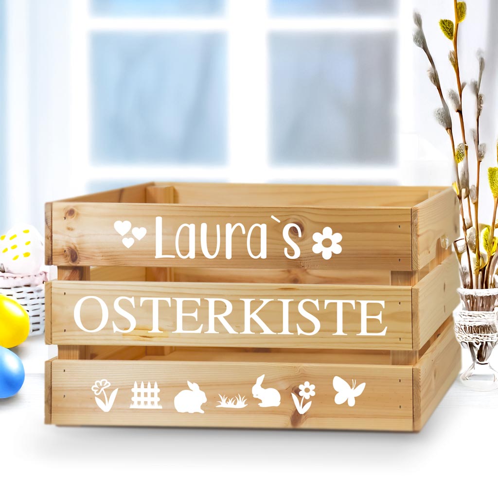brauneholzkistemitweißemaufkleberzumbasteeinerosterkistemitkleinenostersymbolenhaseblumeschmetterlingzaungrasherzen