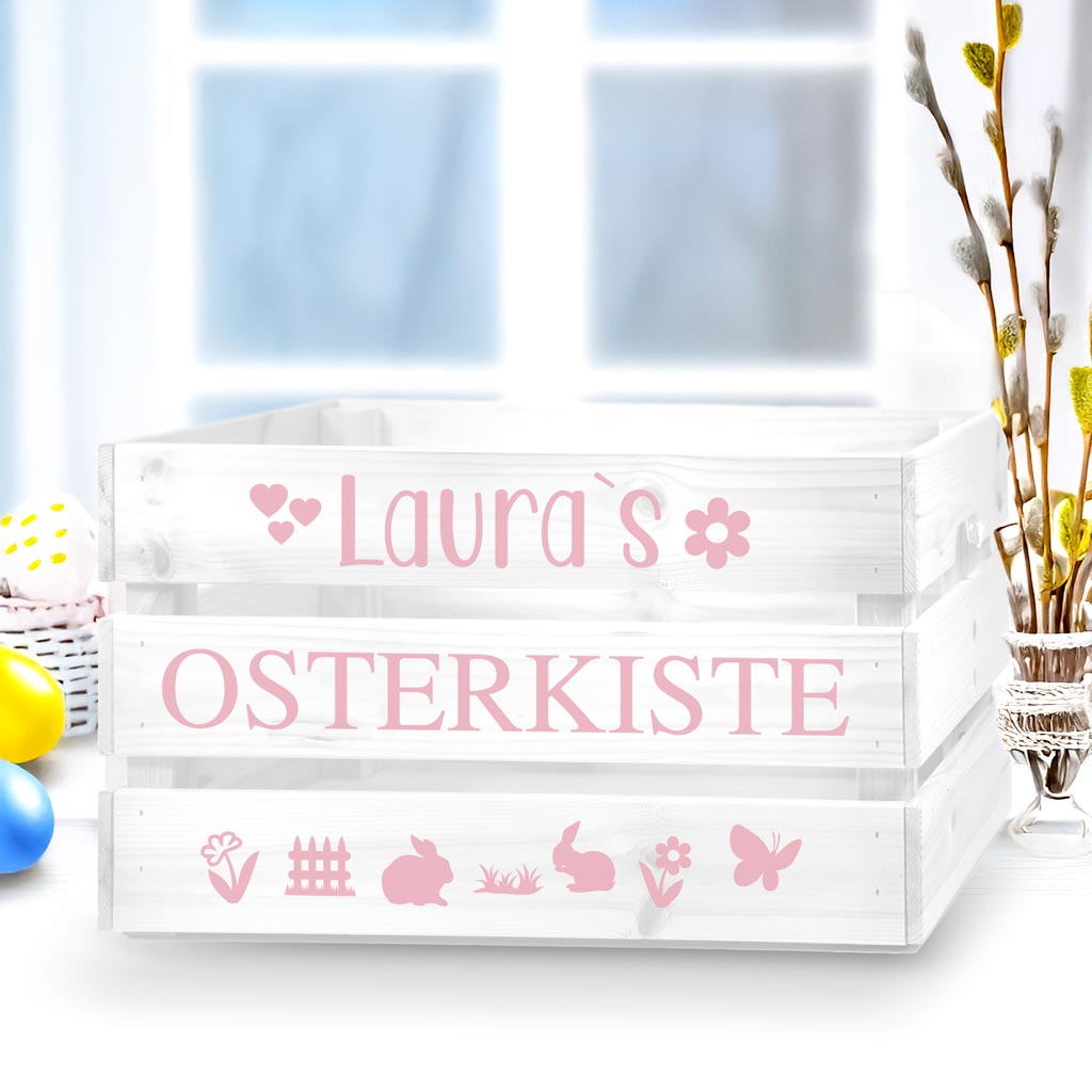 weisseholzkistemitrosaaufkleberzumbasteeinerosterkistemitkleinenostersymbolenhaseblumeschmetterlingzaungrasherzen