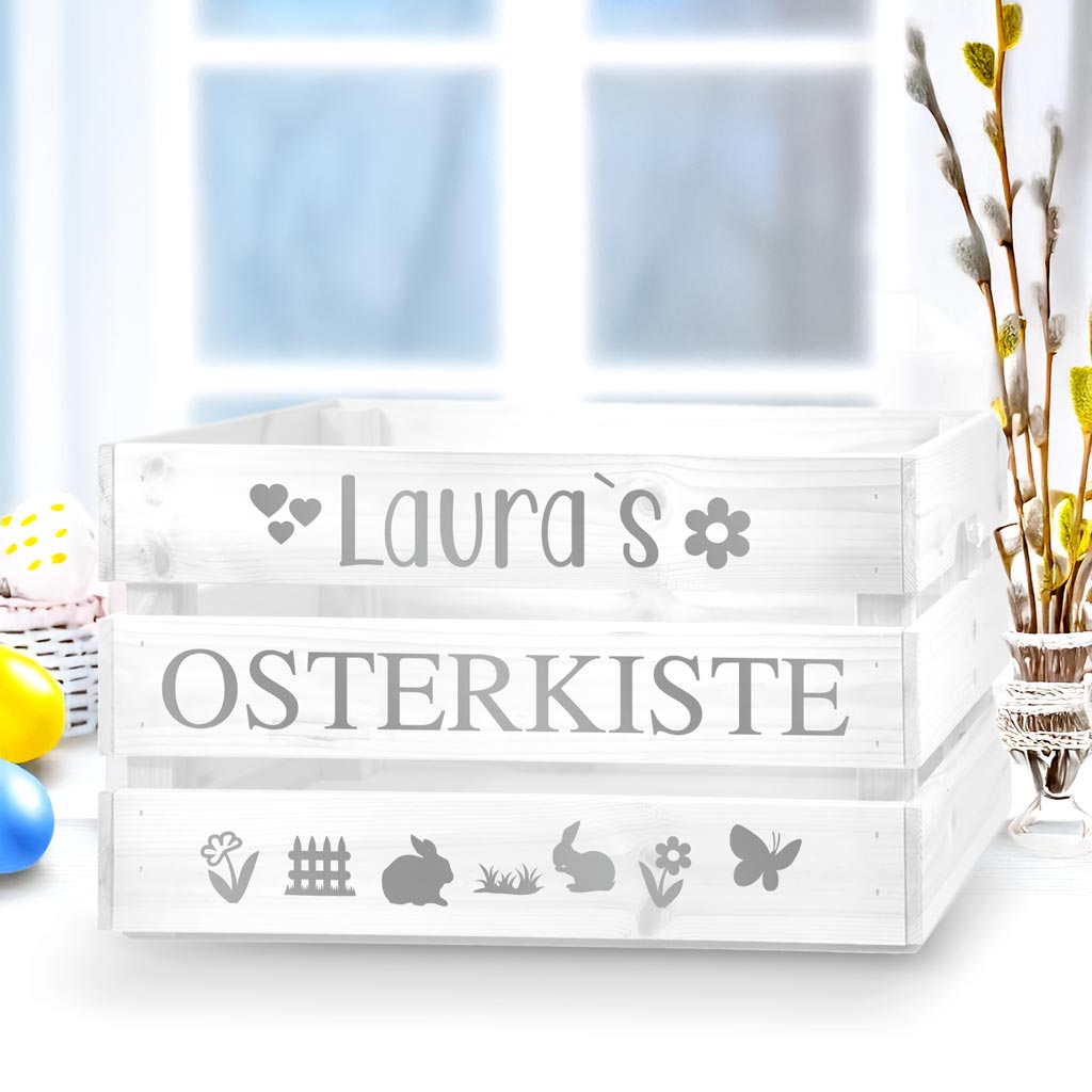 weisseholzkistemitsilbernemaufkleberzumbasteeinerosterkistemitkleinenostersymbolenhaseblumeschmetterlingzaungrasherzen