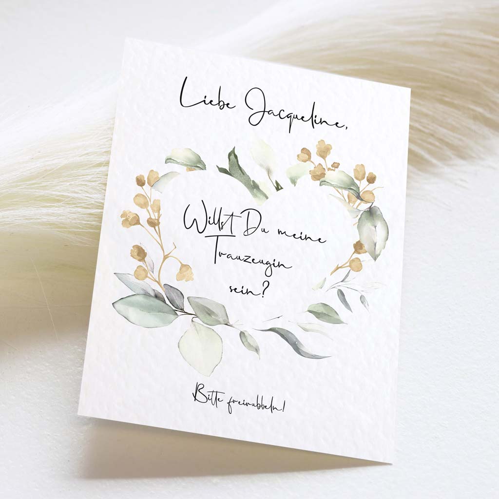 Karte "Trauzeugin-Jaqueline" - Gold mit Rubbelherz