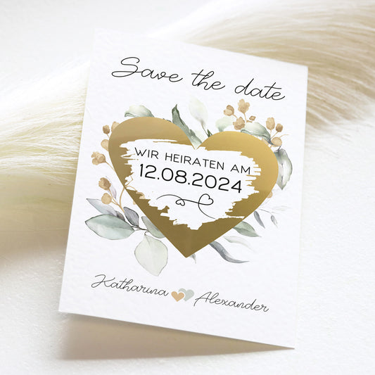 Karte "Save the date" - Gold mit Rubbelherz (4 St.)